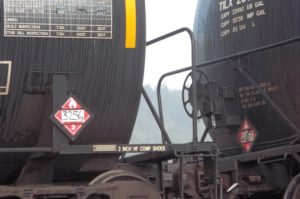 Rail tank cars displaying Class 3 Flammable Liquid Placard UN3256