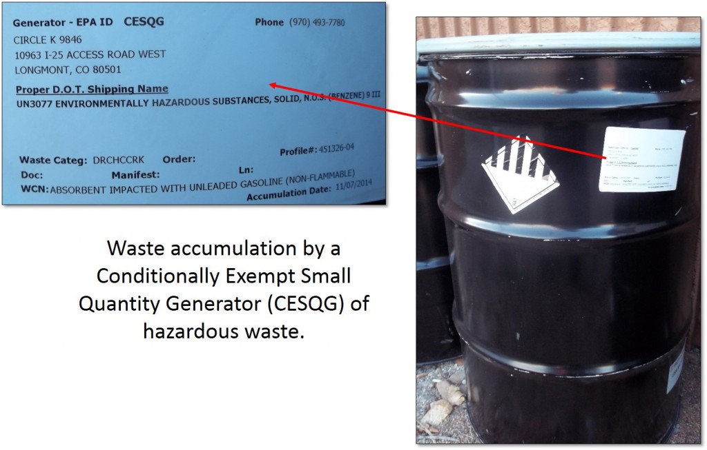 Container of hazardous waste generated by a CESQG