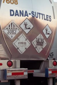 Cargo tank truck with Class 9 placards and the Marine Pollutant marking
