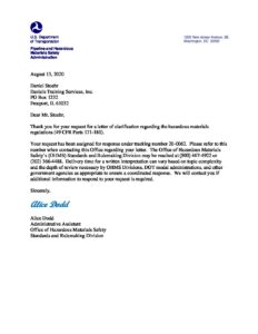 PHMSA Acknowledgement Letter - Daniels Training Services