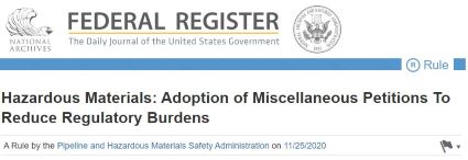 USDOT/PHMSA Makes Miscellaneous Changes to Hazardous Materials Regulations to Reduce Regulatory Burden